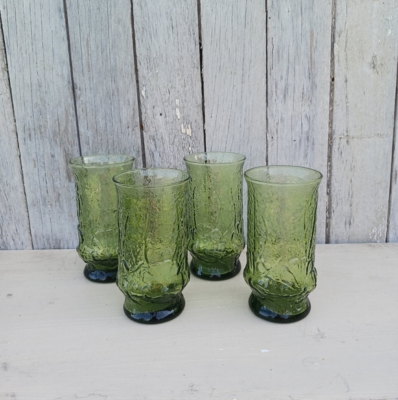 Vtg Anchor Hocking Rainflower Avocado Green Textured Tumblers MCM Set Of 4 - Picture 1 of 6